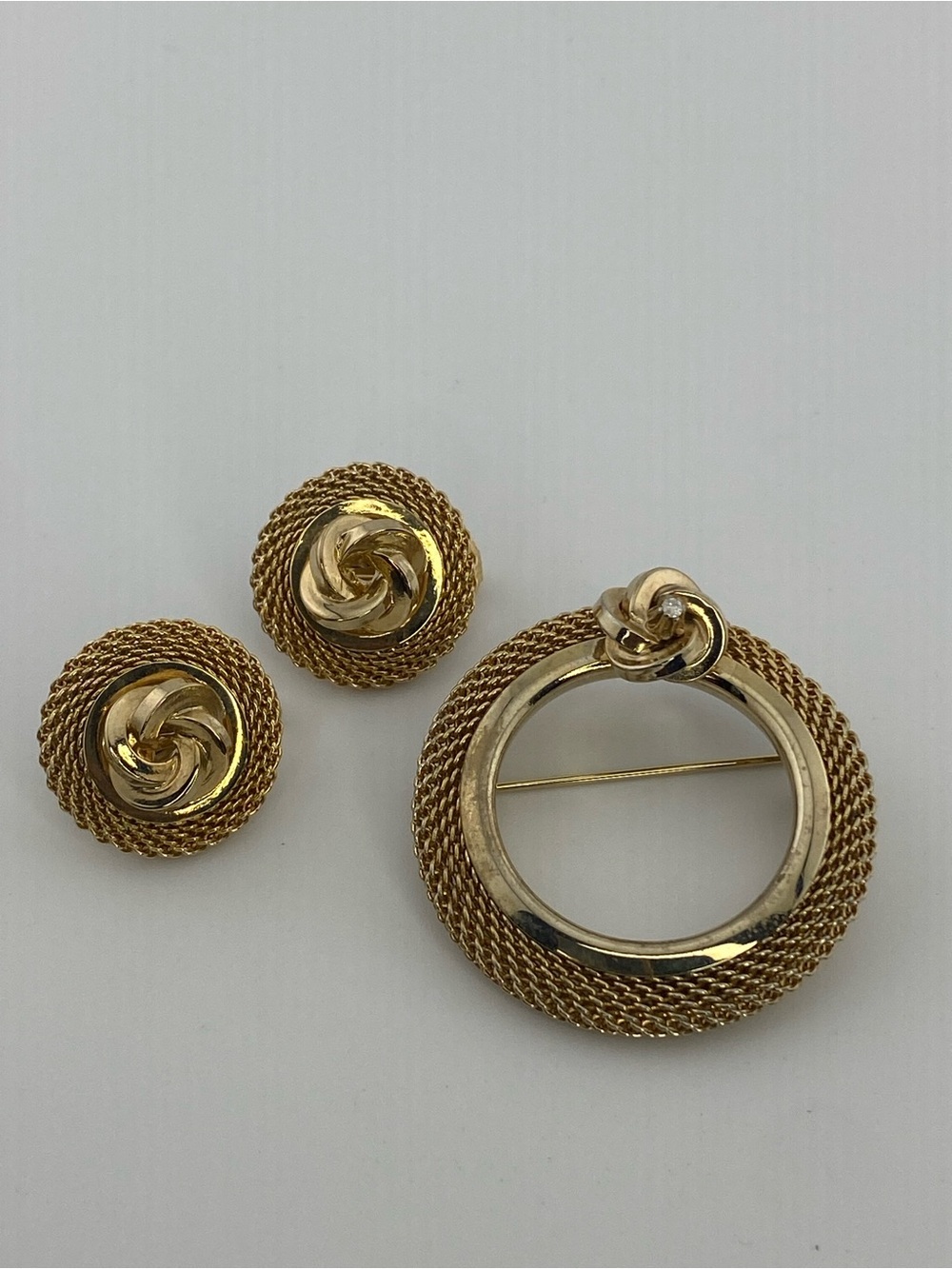 Sarah Coventry Vintage Knot Gold Mesh Set, Brooch Earrings